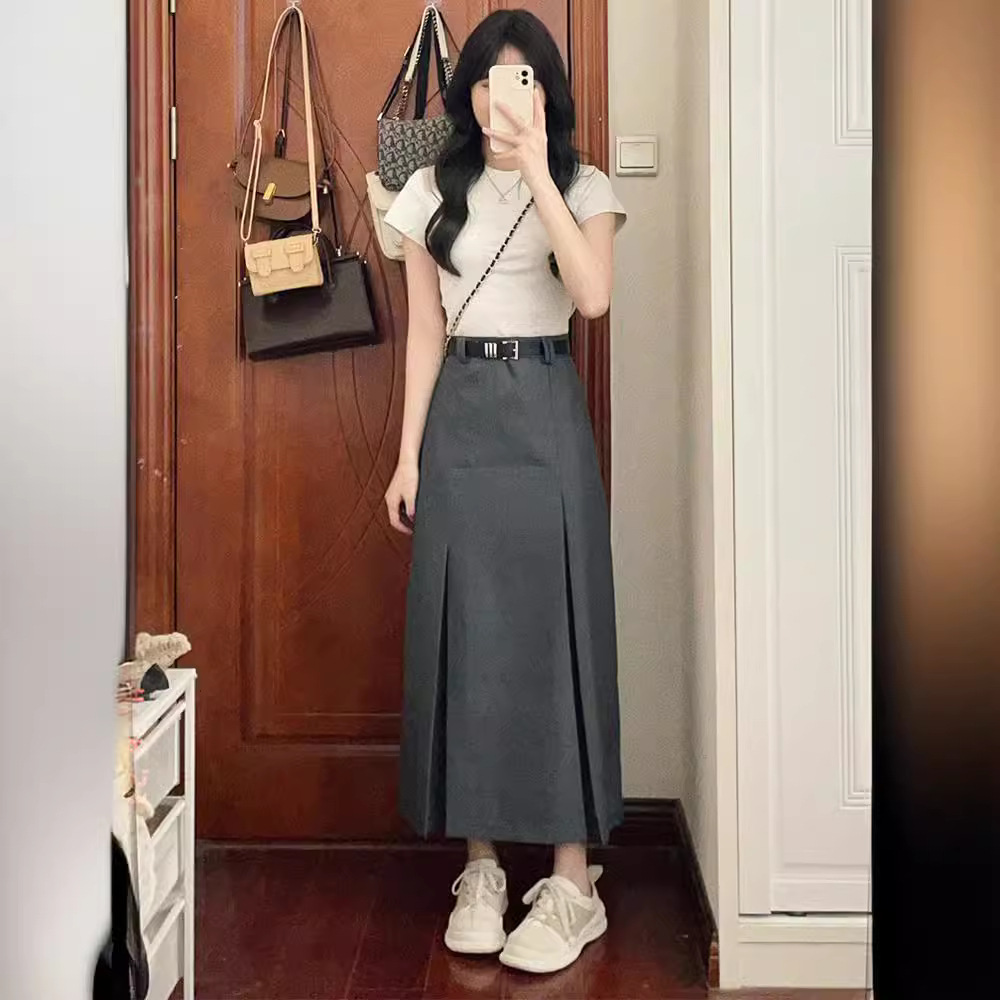 灰色西装半身裙女夏大码胖mm宽松显瘦遮肚梨形身材高腰百褶a字裙