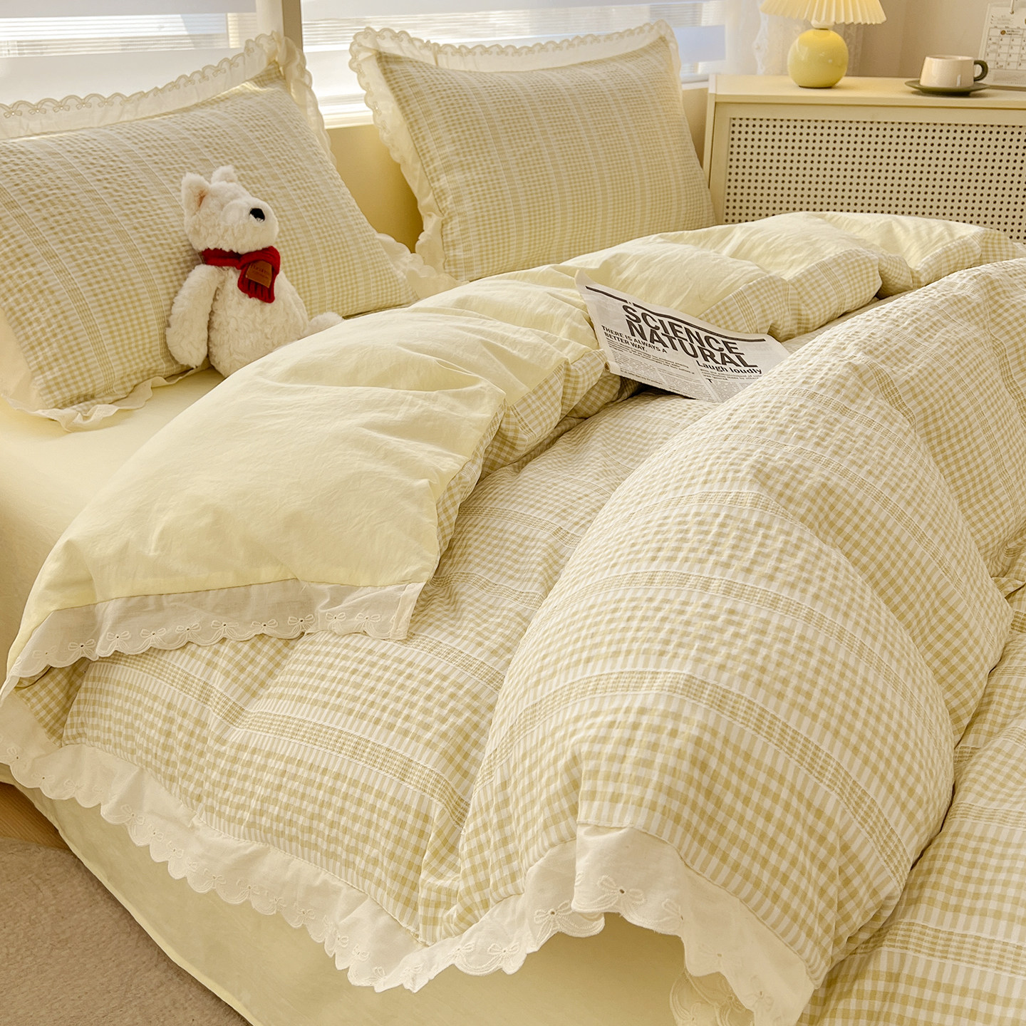 ins公主风水洗棉床上四件套2025新款花边床单被罩三件套四季通用,床上用品,床品套件/四件套/多件套,淘宝优惠券,粉丝福利购,淘宝优惠卷