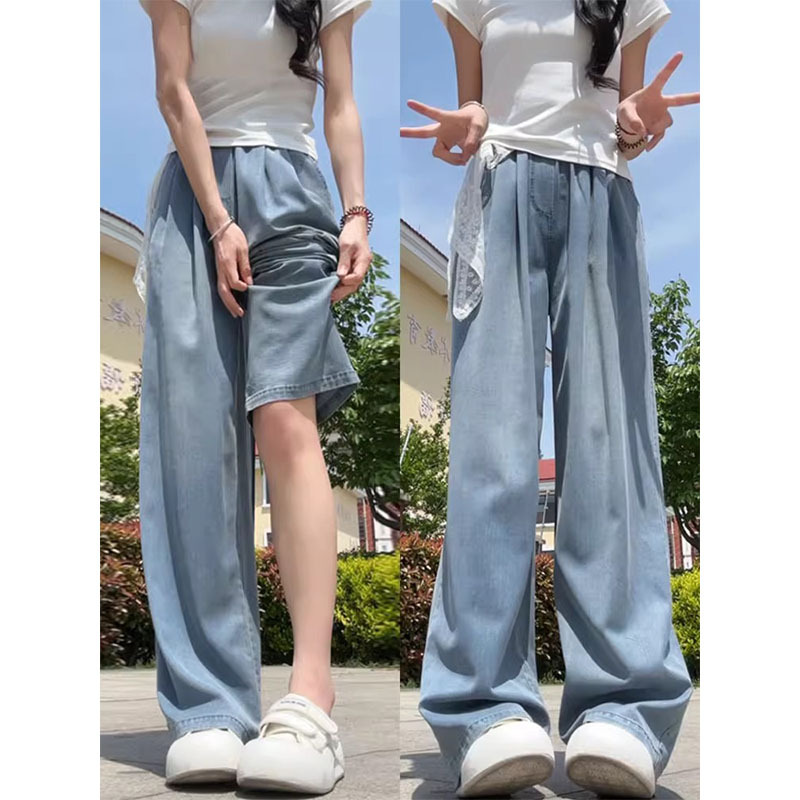天丝牛仔裤女夏季薄款大码胖mm高腰直筒宽松松紧腰高腰垂感阔腿