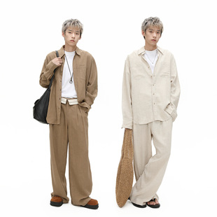 MTLCLOTHES男装|韩系极简基础纯色苎麻衬衣休闲长裤百搭通勤套装