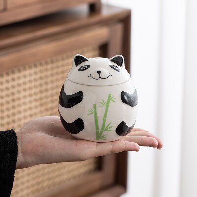 国风陶瓷熊猫茶叶罐红茶密封罐储物罐防潮迷你罐便携家用小号摆件