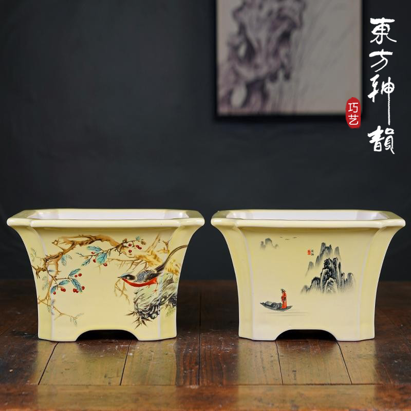 大口径四方花盆彩绘贴画黄釉