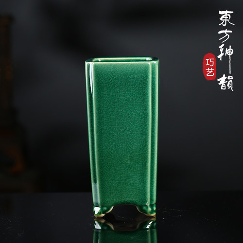 紫砂高四方花盆新中式冰裂釉