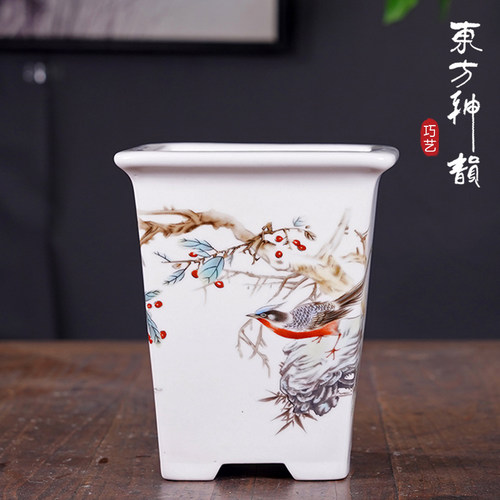 高四方水墨山水画紫砂花盆新款