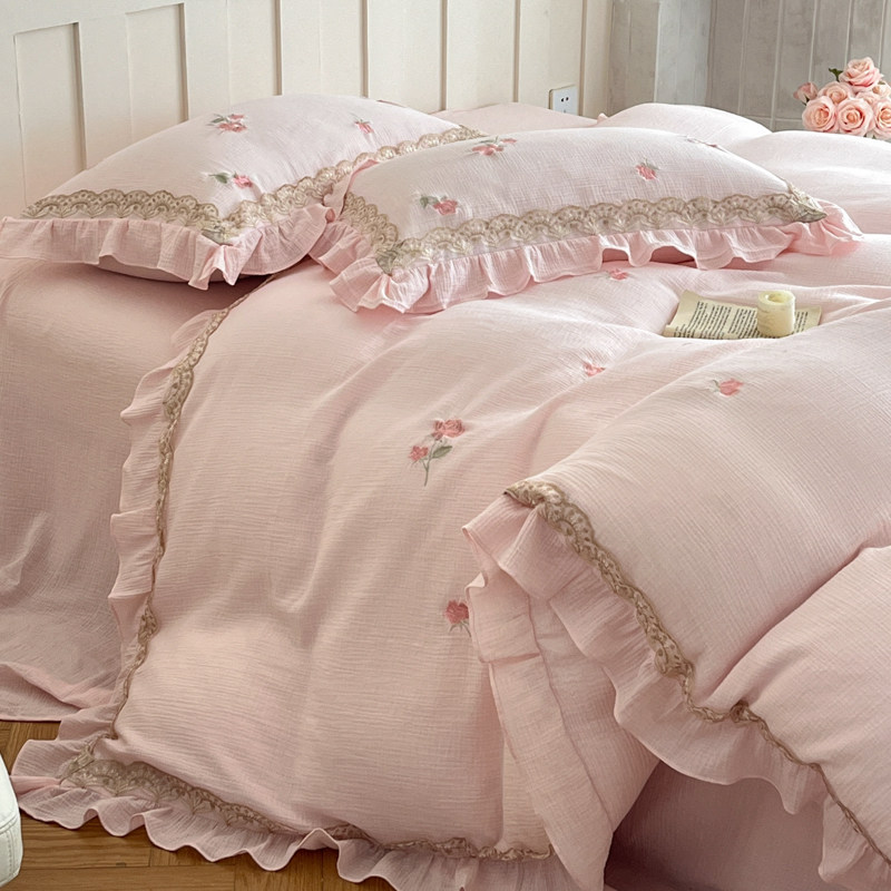 小清新双层纱全棉粉色四件套法式公主风刺绣被套女生床笠床上用品
