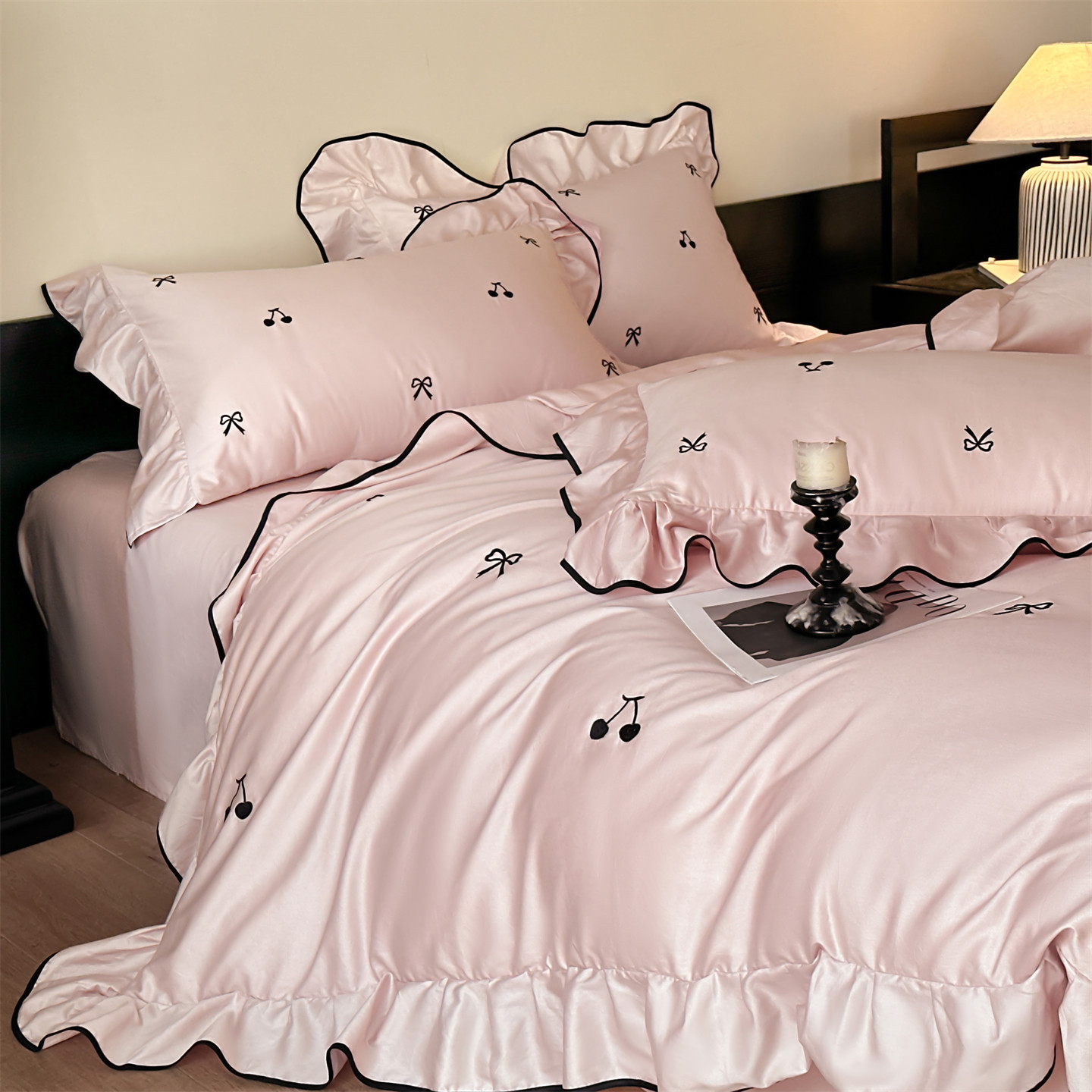 简约A类全棉刺绣四件套轻奢高档法式公主粉色被套三件套床上用品4