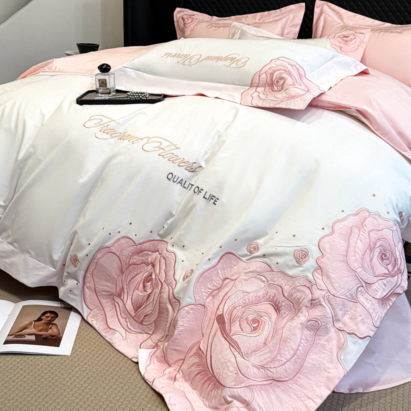 2026新款全棉刺绣轻奢四件套高档180S长绒棉被套粉色女孩床上用品,床上用品,床品套件/四件套/多件套,淘宝优惠券,粉丝福利购,淘宝优惠卷