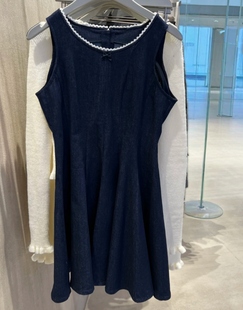 VM NY NB UR2025夏季时尚撞色蕾丝拼接蝴蝶结无袖牛仔连衣裙女