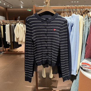 VM NY NB UR2025冬百搭毛衣休闲撞色条纹爱心刺绣短款针织开衫女