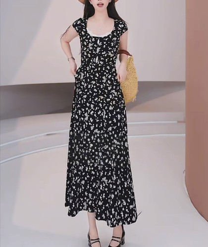 VM NY NB UR2026夏法式度假风小雏菊碎花蕾丝花边短袖连衣裙长裙
