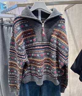 VM NY NB UR2025冬时尚百搭休闲风撞色提花半拉链针织衫毛衣女ins