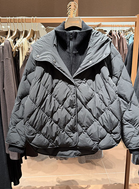 VM NY NB UR2025冬休闲绗缝水波纹连帽拼接针织宽松羽绒服外套女