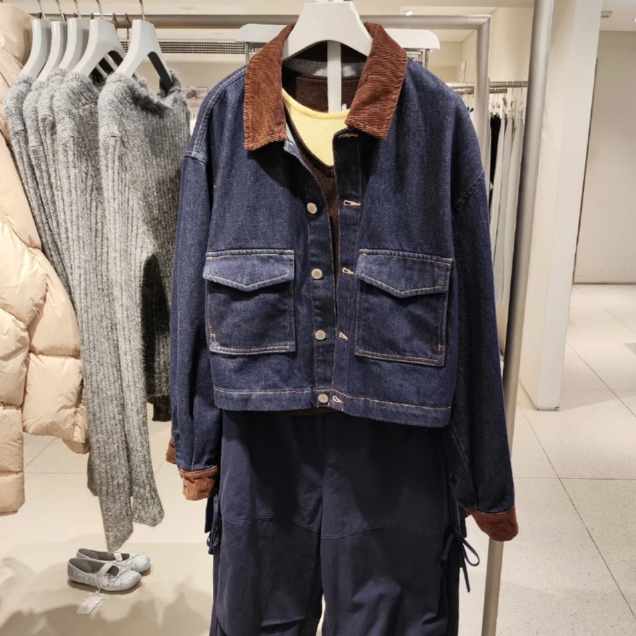 VM NY NB UR2025秋美式复古灯芯绒翻领拼接工装风牛仔夹克外套ins