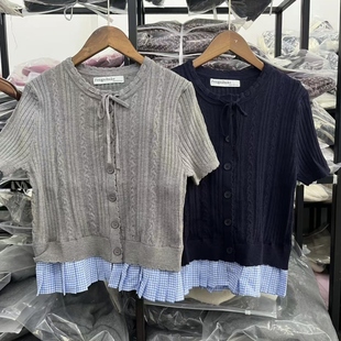 VM NY NB UR2025夏学院风甜美减龄miu系拼接假两件短袖针织开衫女