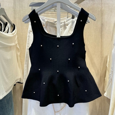 VM NY NB UR2026夏百搭钻饰花边下摆方领无袖针织衫吊带背心女ins