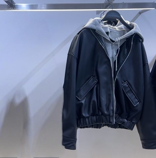 VM NY NB UR2025秋复古宽松拼接皮革皮衣连帽夹克外套女3046829 z