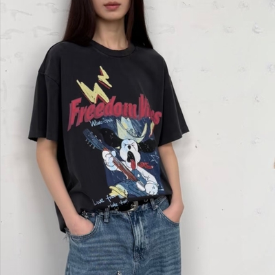 做旧漫画印花宽松棉质短袖t恤衫