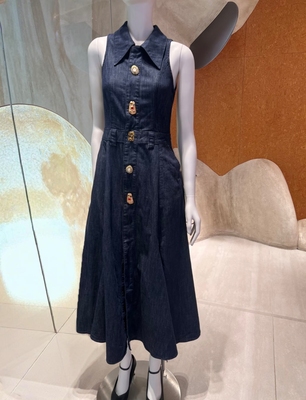 魅力收腰无袖翻领牛仔连衣裙长裙