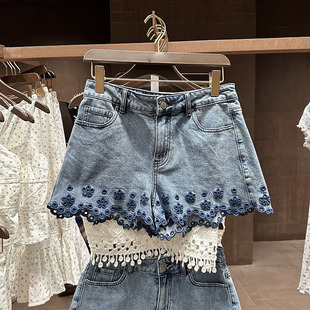 VM NY NB UR2025夏法式甜美减龄刺绣镂空拼接牛仔短裤阔腿裤女ins