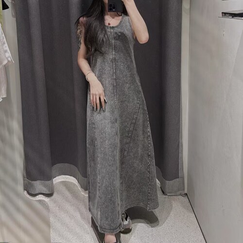 做旧设计感无袖长款背心连衣裙