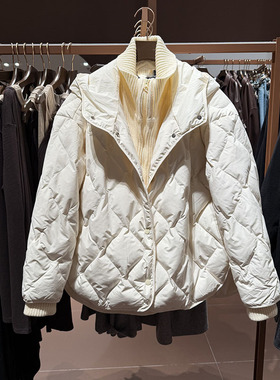 VM NY NB UR2025冬休闲绗缝水波纹连帽拼接针织宽松羽绒服外套女