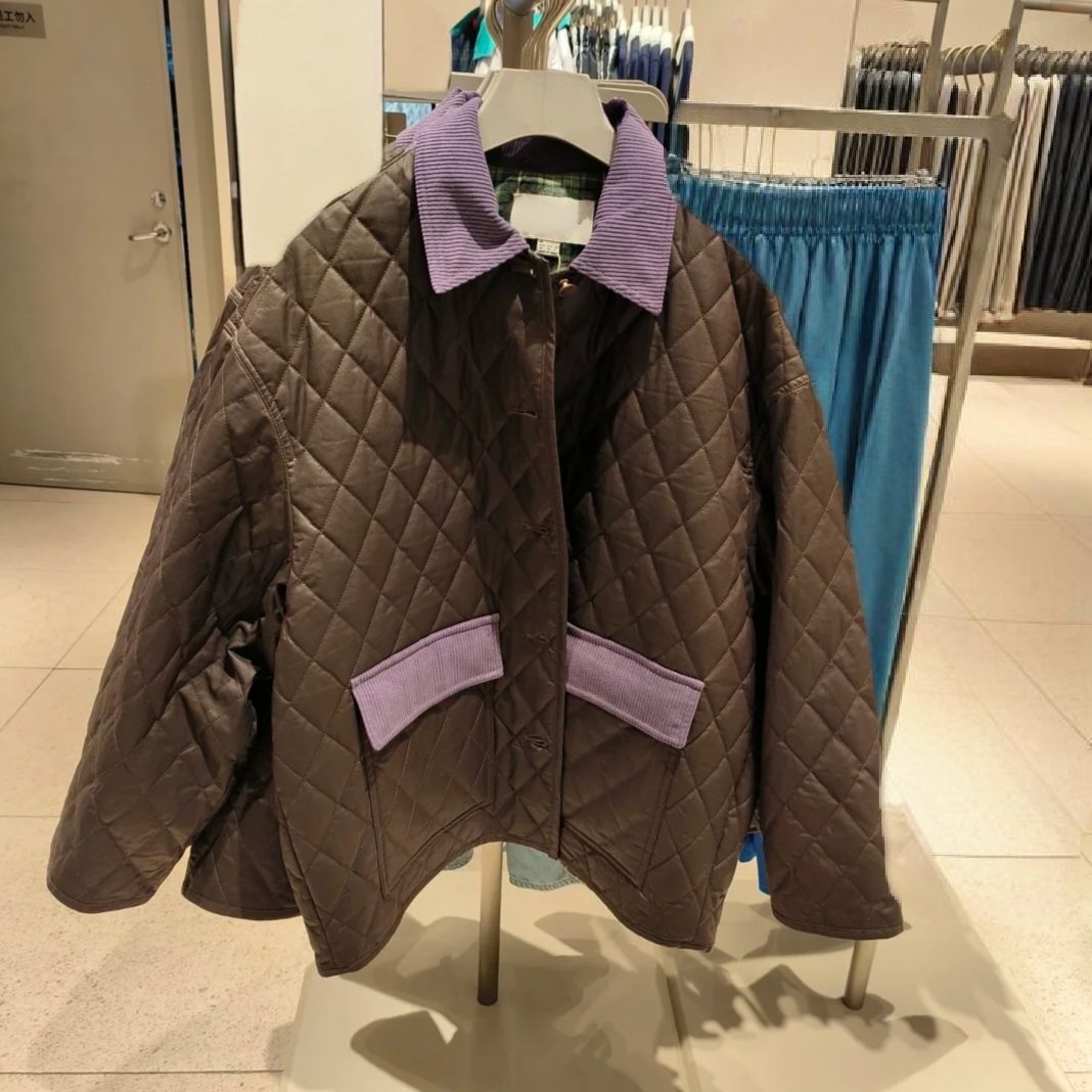VM NY NB UR2025秋美式复古撞色灯芯绒翻领菱格绗缝宽松棉服外套