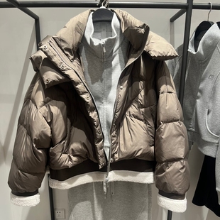 VM NY NB UR冬时尚百搭宽松拼接假两件连帽保暖羽绒服外套女