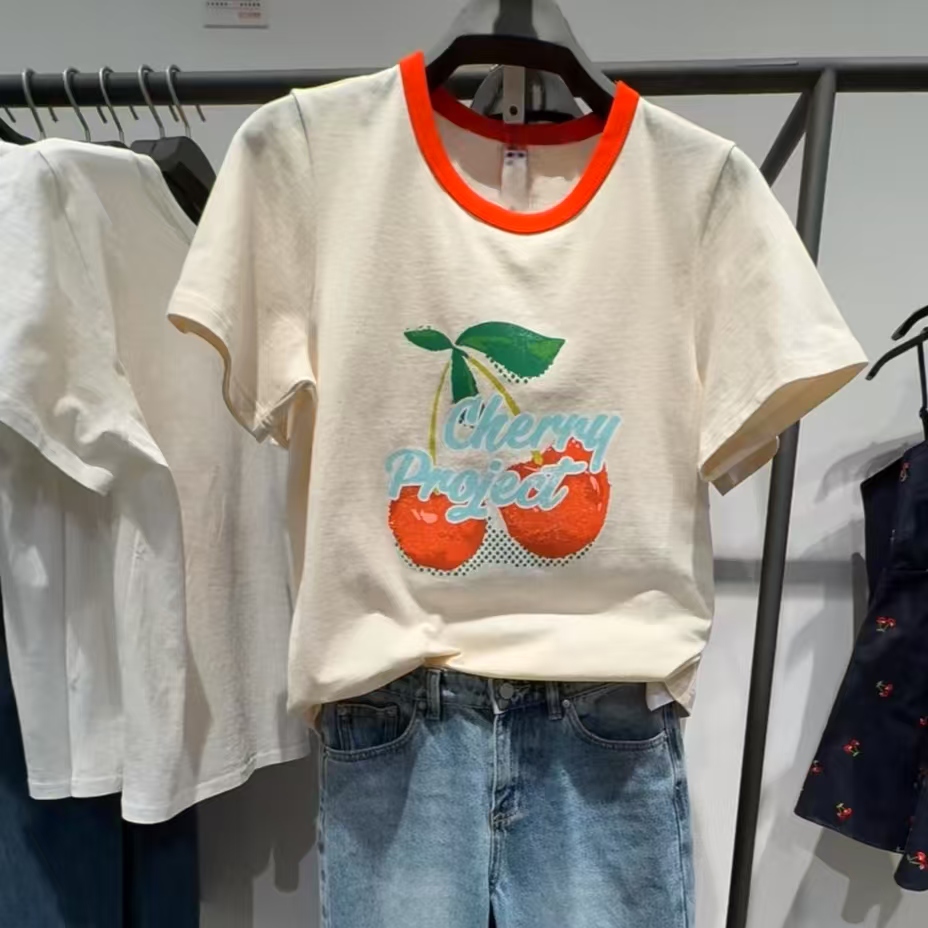 VM NY NB UR2025夏甜美减龄清新樱桃印花撞色圆领短袖T恤衫上衣女