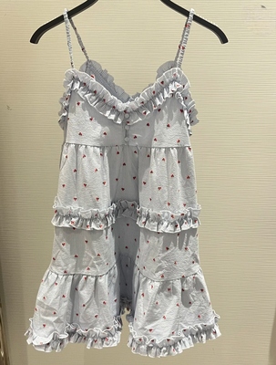 VM NY NB UR2025夏甜美减龄波嘻风樱桃印花木耳边吊带连衣裙女ins