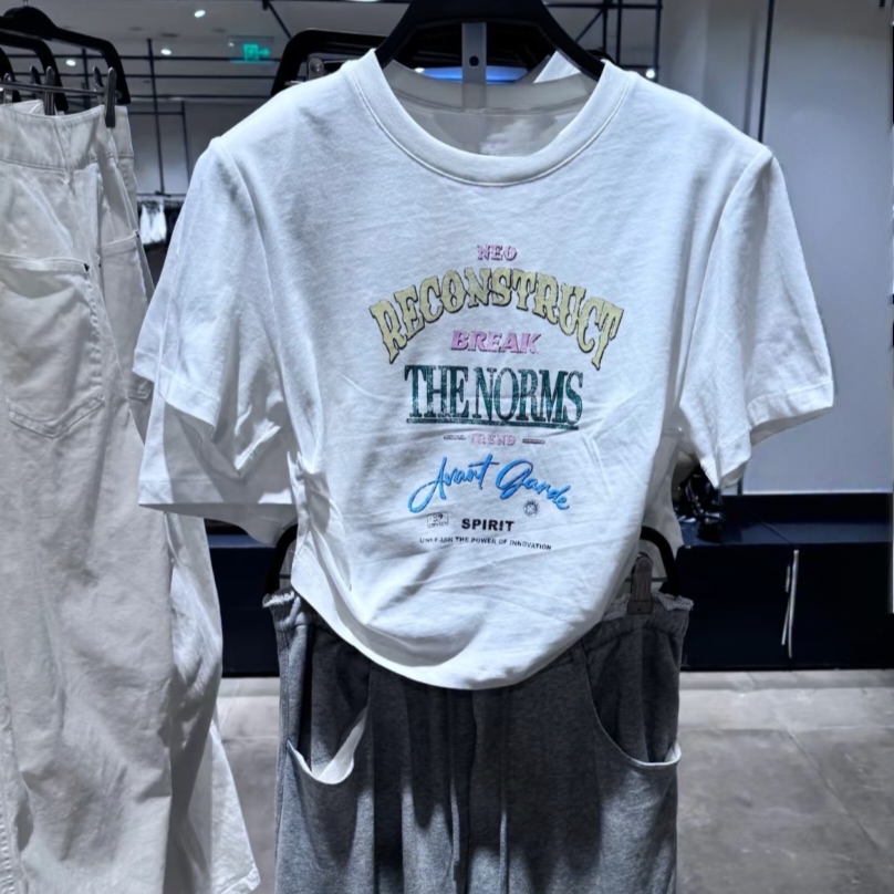 2025秋季新款辣妹bm风休闲撞色字母印花褶皱圆领短袖T恤上衣女ins