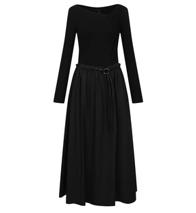 VM NY NB UR2025秋法式复古气质荡领系带收腰长袖中长款连衣裙女