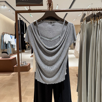 蕾丝拼接假两件荡领短袖针织衫