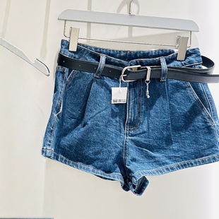 VM NY NB UR2025夏百搭复古水洗腰带网球拍装饰牛仔短裤A字热裤女