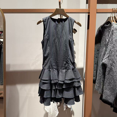 格纹无袖叠层背心连衣裙蛋糕裙