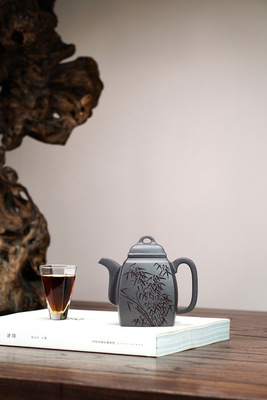 闪购 宜兴紫砂壶全手工天青泥汉方壶320CC家用手工泡茶壶紫砂茶具