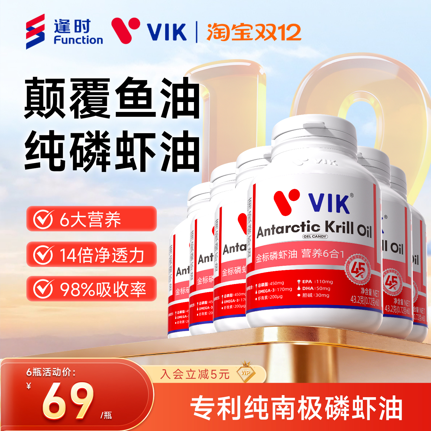 逢时VIK专利纯南极磷虾油6瓶装