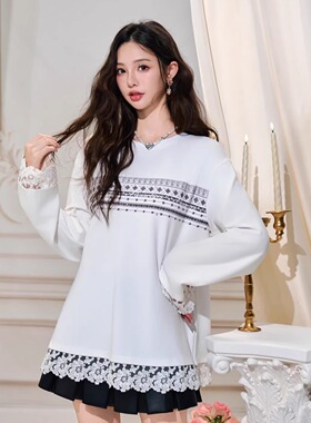 Three Quarters 25AW白色烫钻印花蕾丝宽松T恤黑色蛋白皮百褶短裙