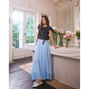 蓝色百褶长半裙 蝴蝶结 黑色百搭蝴蝶结上衣 Jane Sister