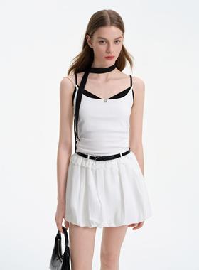 【折`】ROCHA ROMA 假两件撞色吊带上衣提花泡芙腰带裙裤