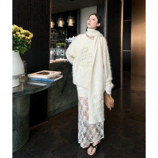 手工羊驼毛logo盘花宽松 2024秋冬新款 ODTD 粉色套头毛衣 折