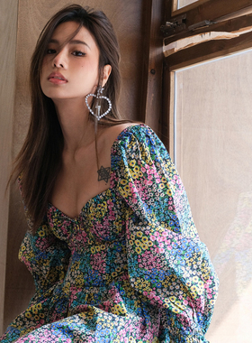 【国现】For Love and Lemons 23复古彩色碎花泡泡袖短裙