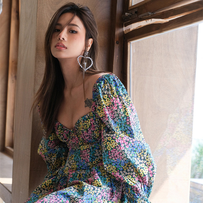 【国现】For Love and Lemons 23复古彩色碎花泡泡袖短裙