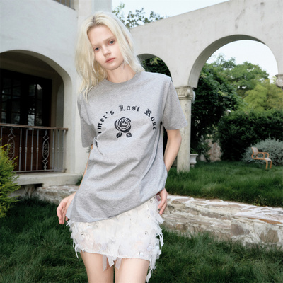 【清货折裙`】ELLIGIOI夏季新款花灰印花logo宽松T恤毛须超短半裙