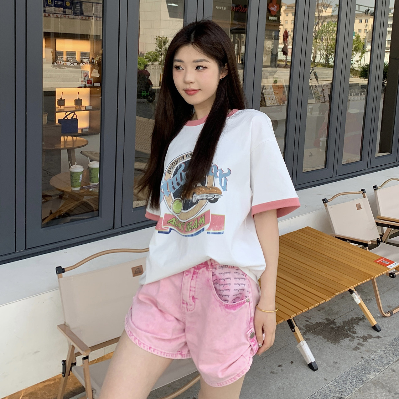 Andrea Martin24夏新款蓝色美式复古拼色短袖炒雪花logo牛仔短裤