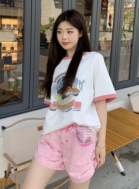 Andrea Martin24夏新款蓝色美式复古拼色短袖炒雪花logo牛仔短裤