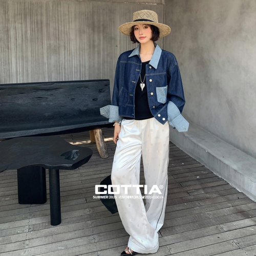 【折】COTTIA撞色拼接不规则口袋牛仔外套白色烫钻双腰头阔腿裤