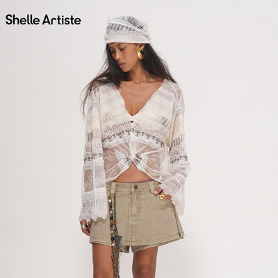 Shelle Artiste 26夏复古干杯吧钩花针织镂空扭结V领长袖套头上衣