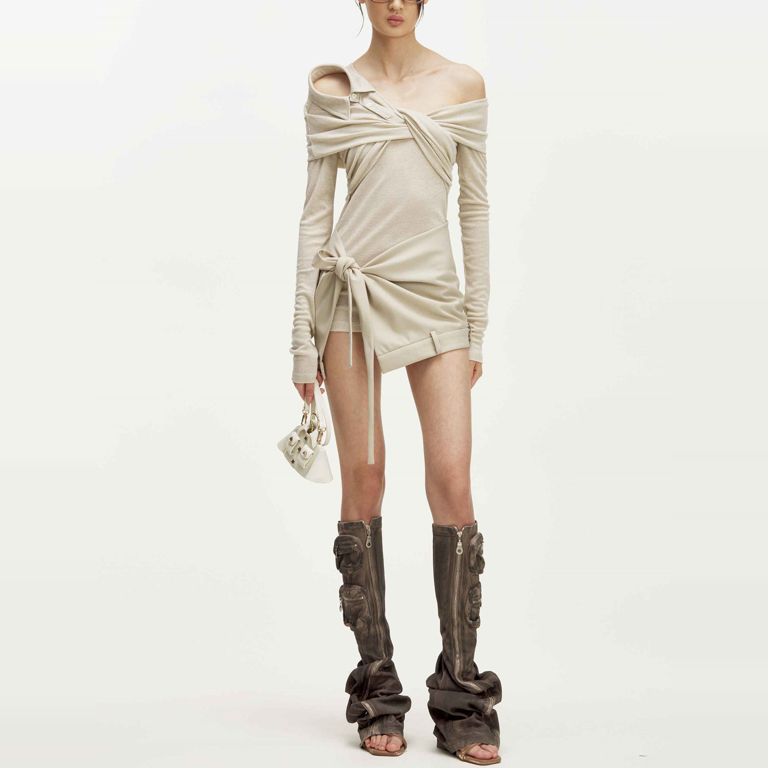 4折 清货折扣 Marrknull 纯色高级绕领长袖t恤 绑带西裤长裤套装