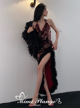【折`】Mimi Plange 新款女神气质挂脖亮钻毛绒开叉亮片连衣裙