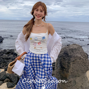 CLOUDSEASON 2023早秋新款涂鸦吊带串珠樱桃衬衫蓝色格子大摆长裙